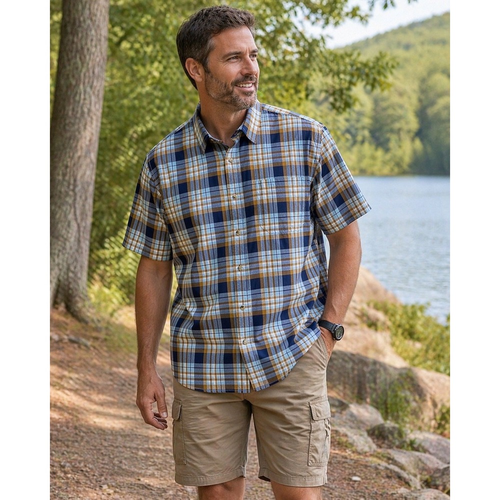 BEM Venturing Plaid Shirt Mens Large Blue Brown Outdoor Hiking Camp